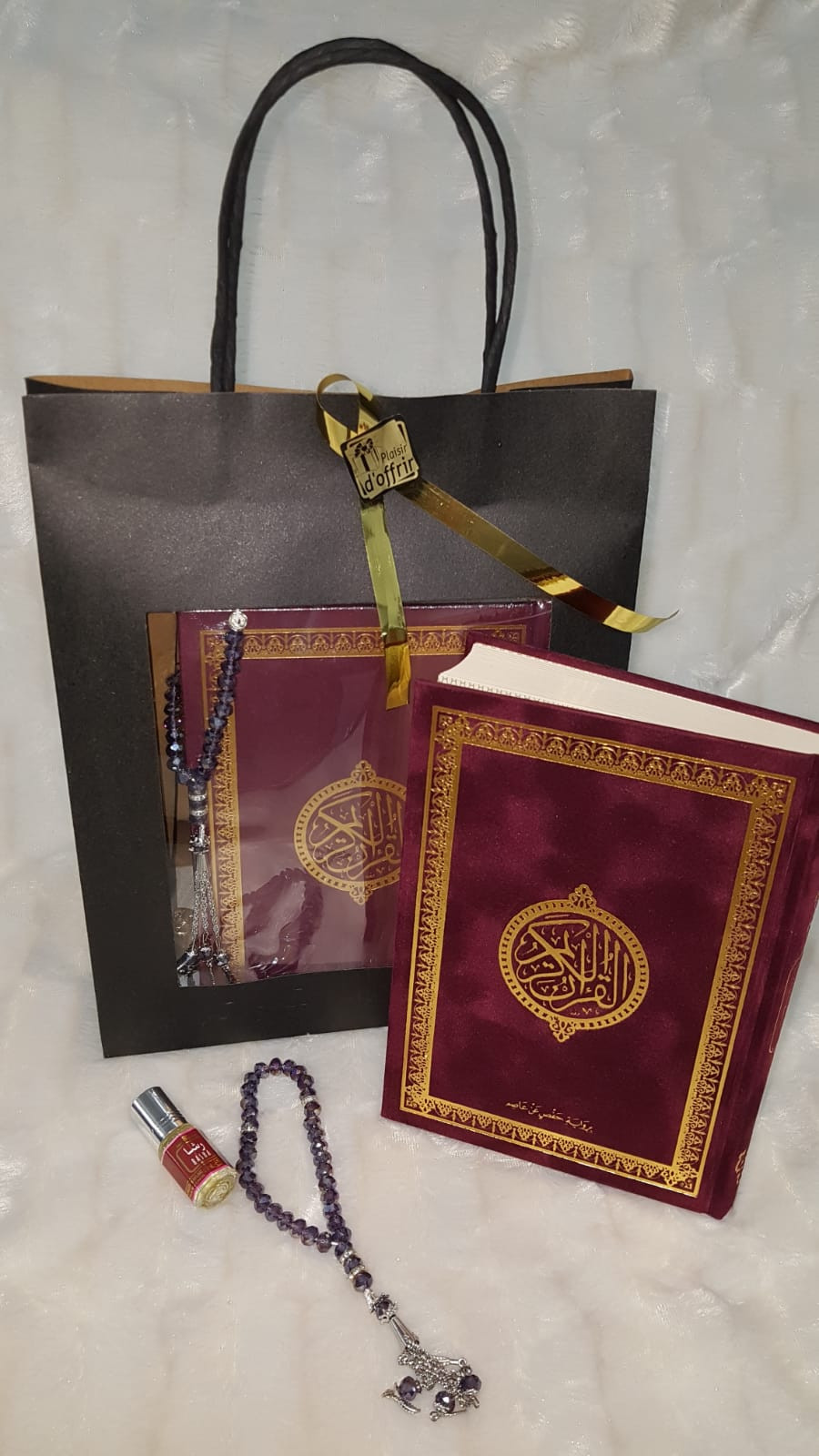 Pack Cadeau Coran: Coran luxe daim +musc + sebha