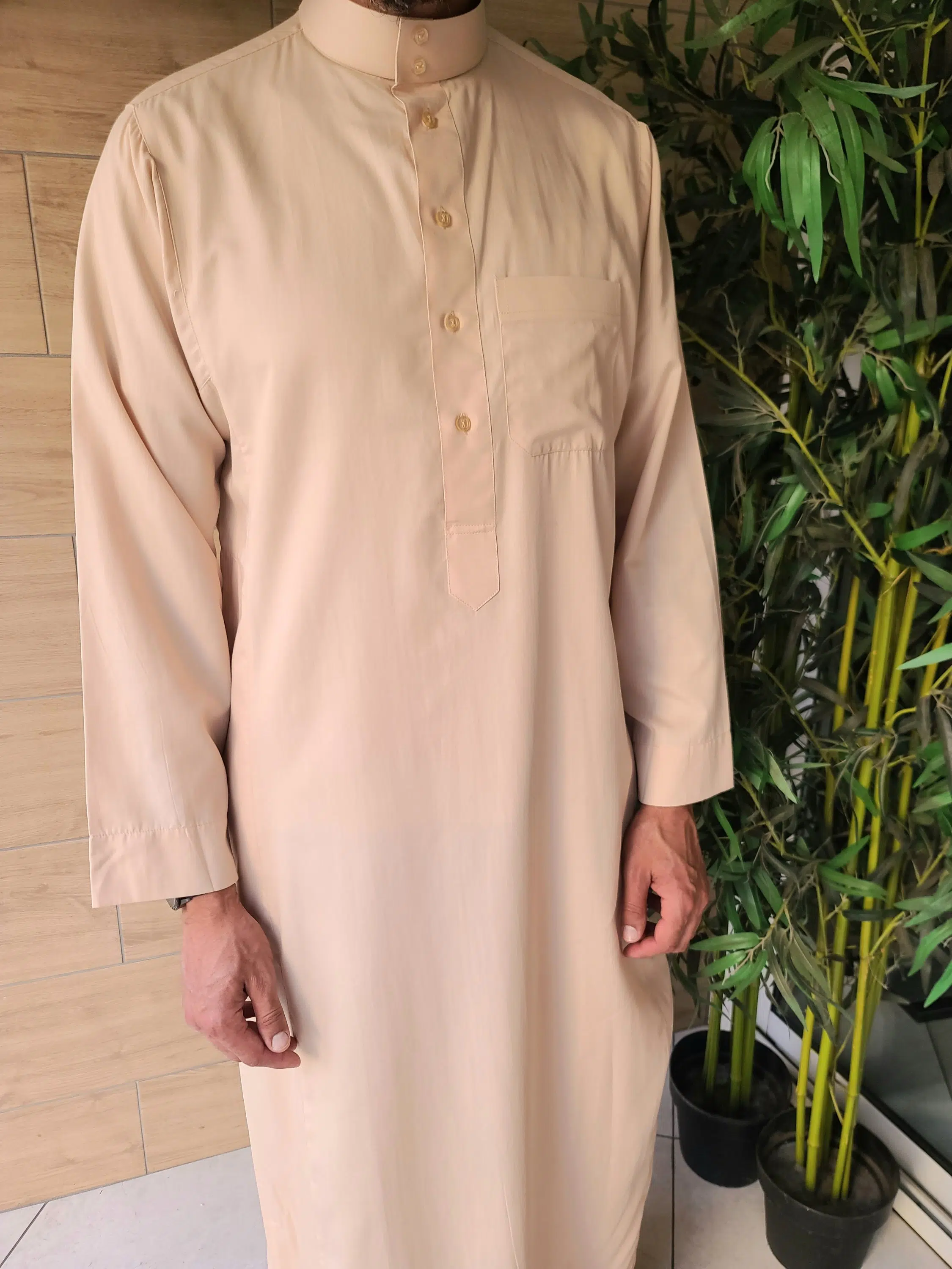 Qamis Haramain Beige en lin tissu été – Image 2