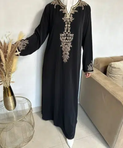 Robe Abaya Soie Médine broderies feuilles