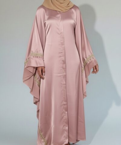 Abaya Papillon "Oria" – Satin de Soie & Borderie dorée
