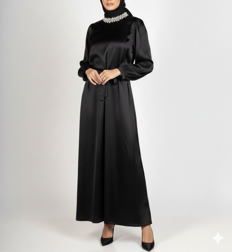 Abaya Robe "Haya" – Satin Noir & Col Impérial Perlé