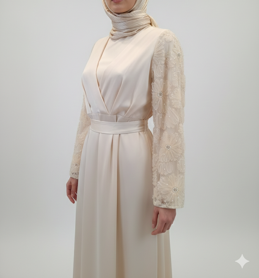 Robe de Soirée "Sofia" – Élégance Satinée & Manches Brodées
