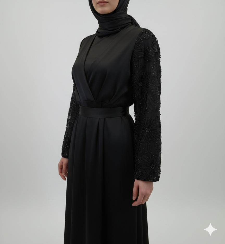 Robe de Soirée "Sofia" – Élégance Satinée & Manches Brodées – Image 4