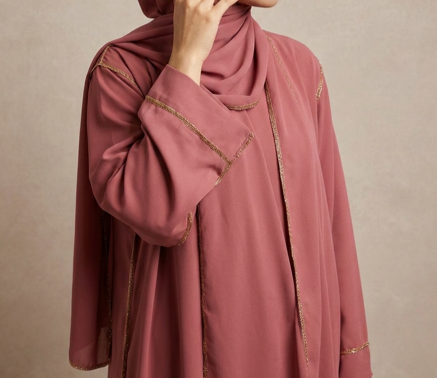 Abaya Élégance en Soie de Médine – Intégrale avec Hijab et bordures Dorés – Image 4