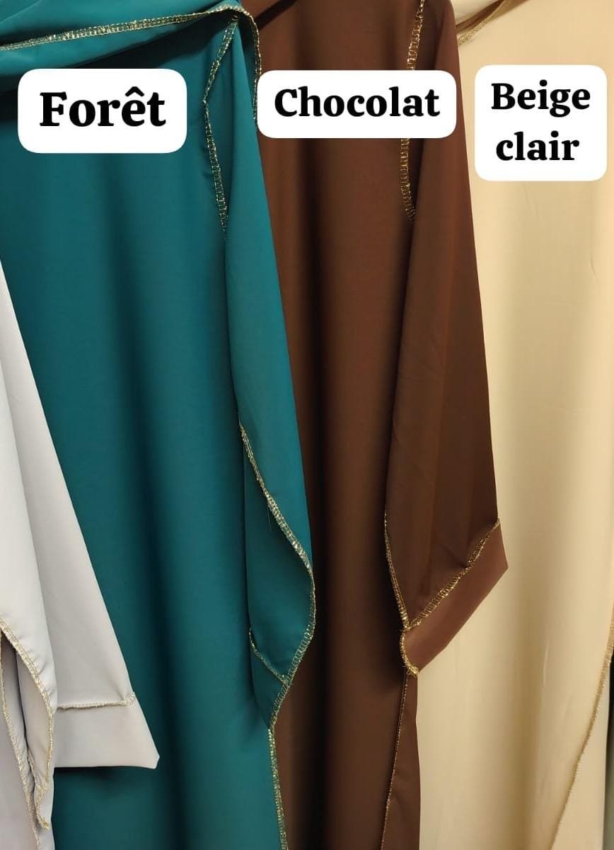 Abaya Élégance en Soie de Médine – Intégrale avec Hijab et bordures Dorés – Image 6
