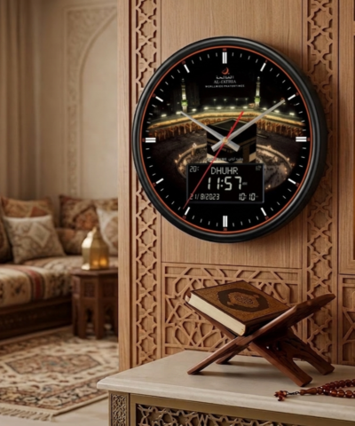 Horloge Al-Fatiha : L’Alliance de la Spiritualité et de la Modernité (fond noir La Mecque)
