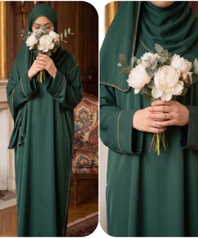 Abaya Layana — Soie de Médine & Hijab Intégré Finition Dorée