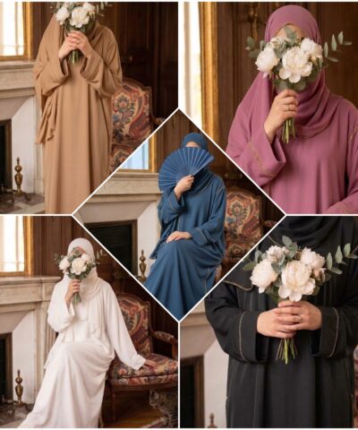 Alternative view of Abaya Layana — Soie de Médine & Hijab Intégré Finition Dorée