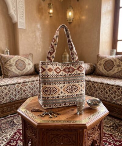 Grand Sac Artisanal marocain imprimé Berbère – Tissage Traditionnel Écru & Terracotta
