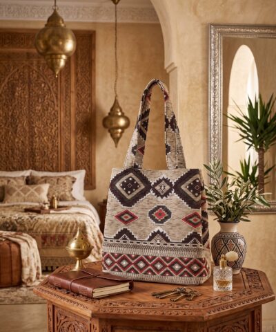 Alternative view of Grand Sac Artisanal marocain imprimés Berbères– Tissage Kilim Rouge Grenat, Noir & Beige Sable