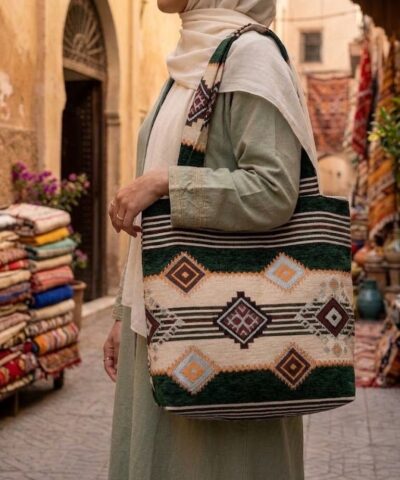 Grand Sac Artisanal marocain imprimés Berbères – Tissage Traditionnel Vert Émeraude, Écru