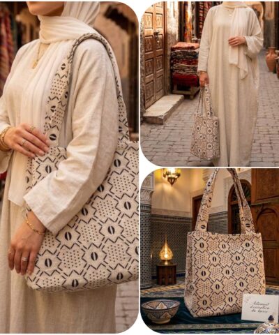 Grand Sac Cabas Artisanal marocain imprimés Berbères – Tissage Géométrique Écru & Noir