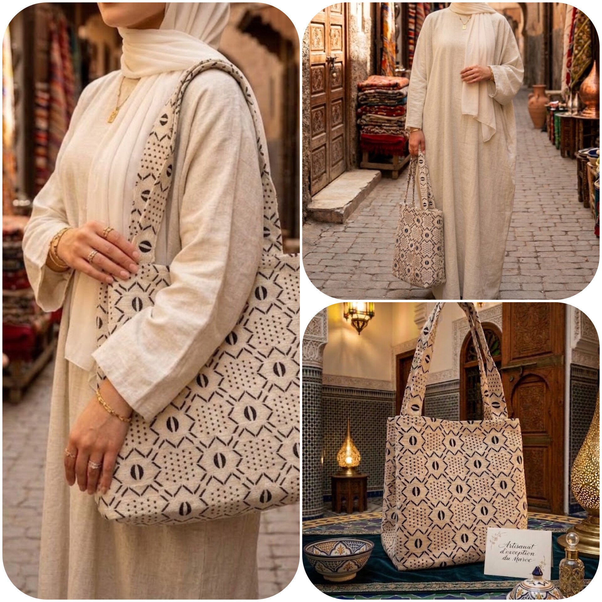 Grand Sac Cabas Artisanal marocain imprimés Berbères – Tissage Géométrique Écru & Noir