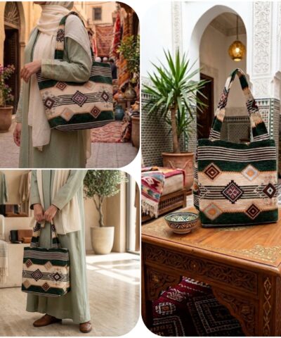 Alternative view of Grand Sac Artisanal marocain imprimés Berbères – Tissage Traditionnel Vert Émeraude, Écru