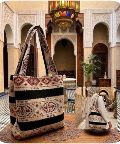 Sac Artisanal Marocain imprimés Berbères Petit Format – Tissage Traditionnel Noir, Écru