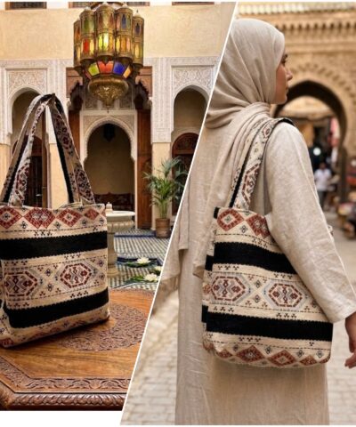 Alternative view of Sac Artisanal Marocain imprimés Berbères Petit Format – Tissage Traditionnel Noir, Écru