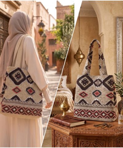 Grand Sac Artisanal marocain imprimés Berbères– Tissage Kilim Rouge Grenat, Noir & Beige Sable