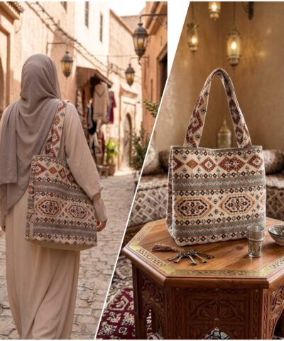 Alternative view of Grand Sac Artisanal marocain imprimé Berbère – Tissage Traditionnel Écru & Terracotta
