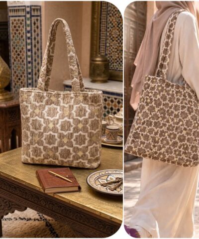 Sac Artisanal Marocain en Velours Jacquard – Beige Doré & Écru