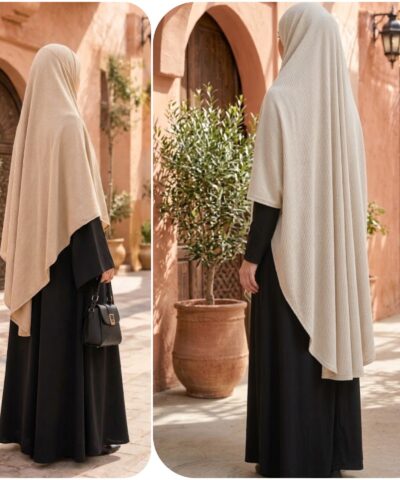 Alternative view of Khimar Côtelé avec Bonnet Intégré à Nouer