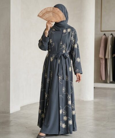 Robe Abaya 2-en-1 Effet Kimono Brodée en Tissu Jazz